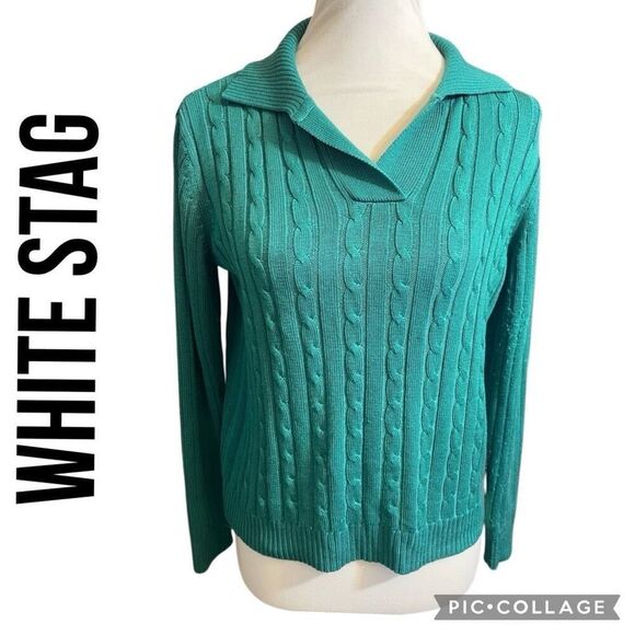 White Stag Green V-Neck Cable Knit Collared Long Sleeve Sweater Size Small - Picture 1 of 7